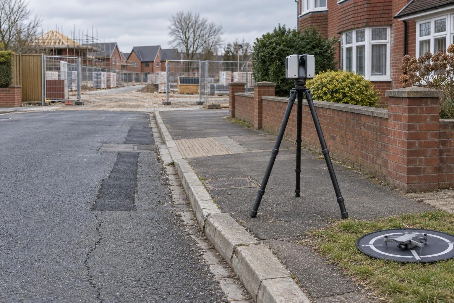 Laser scanner and drone recording the condition of a residential road, kerbs and boundary wall next to a site entrance