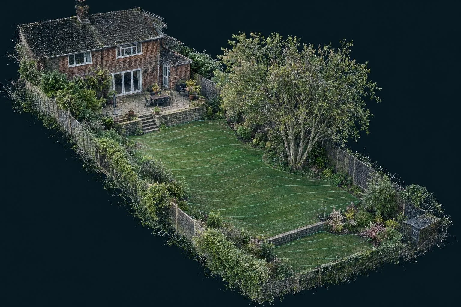 3D point cloud of a sloping rear garden with level contours across the lawn