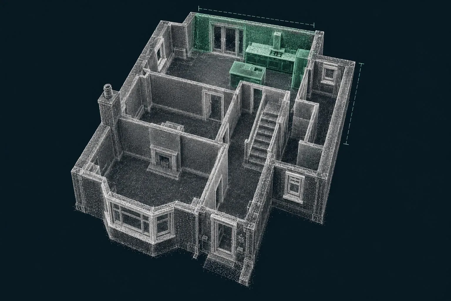Cutaway 3D point cloud of a house ground floor with the kitchen highlighted