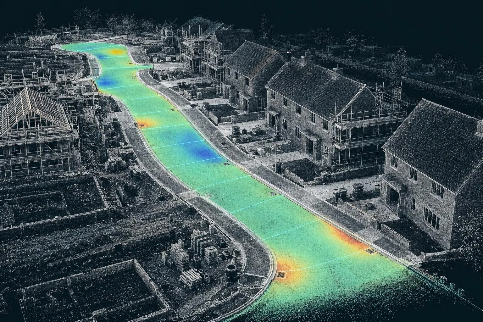 Point cloud of an estate road with a deviation heat-map across the carriageway
