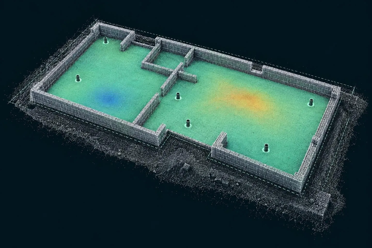 Oversite slab point cloud coloured by flatness with drain collars